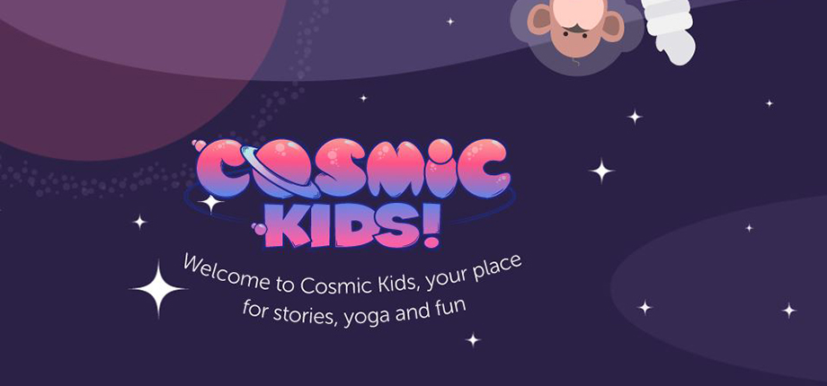 The main header image for the Cosmic Kids yoga series showing a cartoon of stars, a planet, and a monkey wearing a space suit
