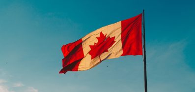 The Canadian flag blowing in the wind